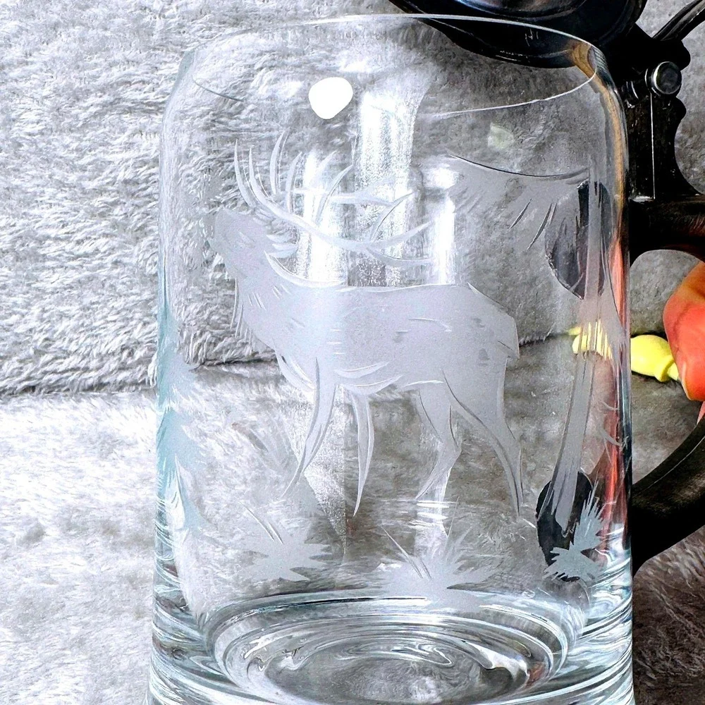 Beer Stein Vintage‎ Etched Glass Pewter Lid Stag Deer Forest Scene German Style